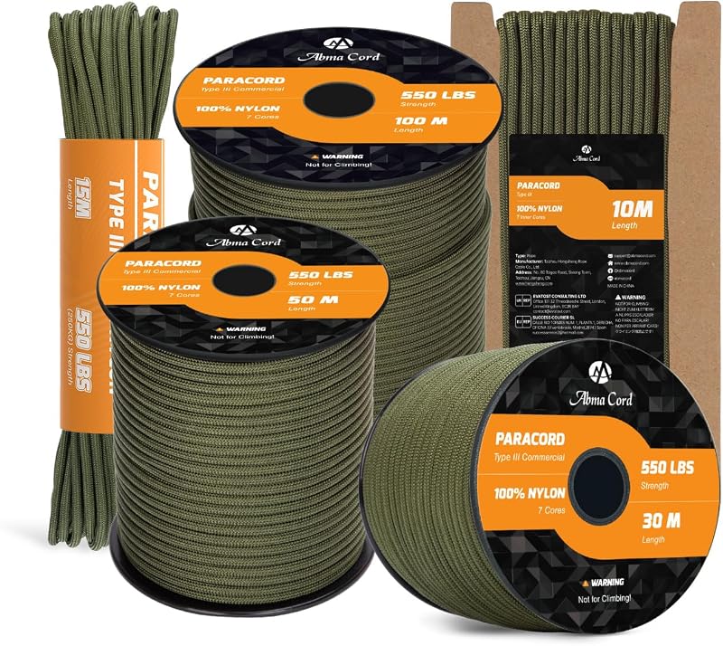 Abma Cord Paracord 550 4mm Nylon Corda (10m-15m-30m-50m) Tipo III Corda da Paracadute a 7 Fili Cavo di Sopravvivenza, Cavo Militare - Max. 250 kg - Verde Militare, 30m