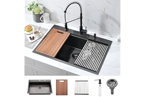 Bokaiya Évier Cuisine 1 Bac,Évier Cuisine Multifonction,Évier Inox Noir 1 Bac avec Distributeur Savon Égouttoir Planche à Découper Tamis et Bouchon,Évier Inox 304 1 cuve Montage à Encastré (76*46cm)