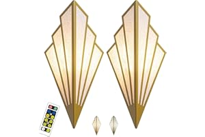 PENTWAN Battery Operated Wall Sconces Set of 2,Modern Wall Lamps,with Color Temperature Dimmable Remote Control,Non Hardwired Sconce,Art Deco Lighting Fixture,for Bedroom Bedside (GoldTwo Color Temp)