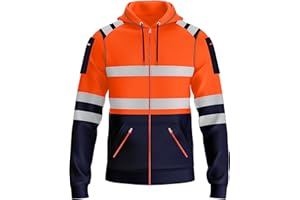 trending babz New Mens Hi Vis Hoodie Safety Work Sweatshirt Reflective Tape High Viz Hoodie High Visibility Pullover Sweatshirt Top Multi Zipped Pockets S/2XL
