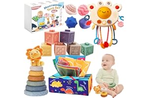 AUEZONA Jouet Bebe 6 mois,5 in 1 Jeux Montessori 1 2 3 an,Gobelets Empilables, Boite Mouchoir, Balles sensorielles, Jouet Montessori Eveil 6-12 mois, Jeux Éducatif Fille Garçon 6 9 12 Mois,Cadeau Bébé