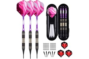 SANFENG Dardos con punta de plástico de 18/20 gramos, 3 dardos profesionales con barril de latón para diana electrónica, 6 cañas de aluminio, 50 anillos de goma antipérdidas, 50 puntas, morado, azul y verde