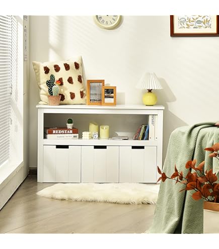 Scaffale Portagiochi Per Bambini In Legno - 5 Scomparti, 2 Scatole Tessuto, Design UFO, Bianco - Foto 11