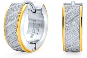 BLING JEWELRY Golden Rose Silver Tone Two Tone Stainless Steel Carved Stardust Matte Wide Hoop Huggie Earrings For Men For Women