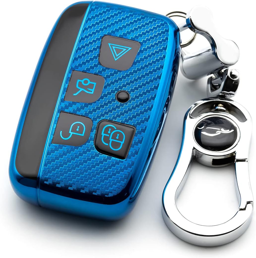 M.JVisun Soft Carbon Fiber Finish Car Key Fob Cover For Land Rover Discovery 4/Sport Freelander 2 For Range Rover Evoque/Sport/Velar Electroplated TPU Case With Metal Keychain - Blue