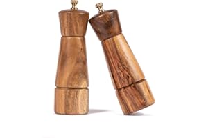 DeroTeno Set Macina Sale e Pepe, Macina Sale Regorabile in Ceramica, Macina Pepe in Acciaio Inossidabile, in Legno di Acacia, Altezza 16,5 cm, Diametro del Fondo 5 cm (il Vassoio NON è Incluso)