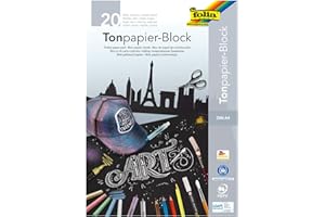 folia 197 - Tonpapierblock, schwarzes Zeichenpapier, DIN A4, 20 Blatt 130g/m², Block mit Kopfleimung, ideal für helle Farben wie Kreide, Speckstein