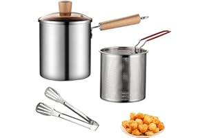 OUGPIU 2 Set Deep Fat Fryer Pot with Oil Filter Basket,304 Stainless Steel Chip Pan,Mini Fryers French Fries Pot, Tempura Chips,Pasta Making Basket Heating Food Pot,Fish, Chicken Handle Fryer 3.2L