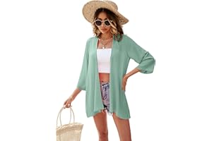 Ietaoo Gilet Long Femme Été Kimono Cardigan Mousseline de Soie Cardigan de Plage Bohème 3/4 Manches Léger Cache-Maillots Plage Veste