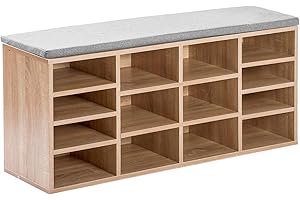 LZ LEISURE ZONE Leisure Zone Wooden Shoe Bench Storage, Natural Wood Shoe Cabinet Rack Cupboard Organizer with Seat Cushion for Hallway, Size 104 x 30 x 48 cm(W x D x H) (14 Grids)