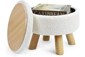 OGEMXU Ottoman-Fußhocker, Kleine Runde Ottomane mit Stauraum, Bouclé-Teddy-Samt-Fußhocker mit Holzbeinen, weiche hocker mit stauraum für Wohnzimmer, Schlafzimmer, (cremefarben) (cremefarben)