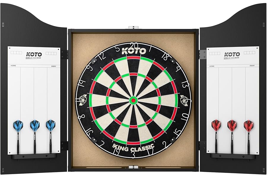 KOTO darts Board Cabinet Set, Complete Darts Centre with Cabinet, Bristle Dartboard, 2 Sets of Darts & Throw Line
