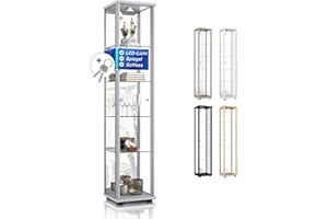 ‎K-MÖBEL K-Möbel Sammlervitrine (176x37x33cm) - Made in Germany - Vitrinenschrank Silber/Alu mit 4 höhenverstellbaren Glasböden, Spiegel, Schloss & LED - Glasvitrine Stehend - Display Cabinet