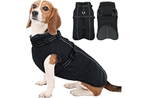 Kuoser Hundemantel für große Hunde, wasserdicht, warme Fleecejacke mit integriertem Geschirr, reflektierend, Schwarz