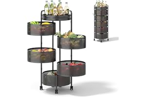 Warmiehomy 5 Tier Round Rotating Storage Rack, Kitchen Trolley Storage, Movable and Detachable Vegetable Storage Rack with 360° Wheels, Perfect for Pantry, Bathroom, or Living Room, Black, 30×30×90cm