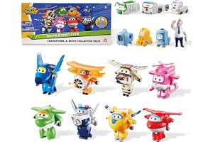 SUPER WINGS - WORLD AIRPORT CREW - 8-delars TRANSFORM-A-BOTS SET + PVC-figurer x7 - Förvandlingsbara leksaksflygplan och robo