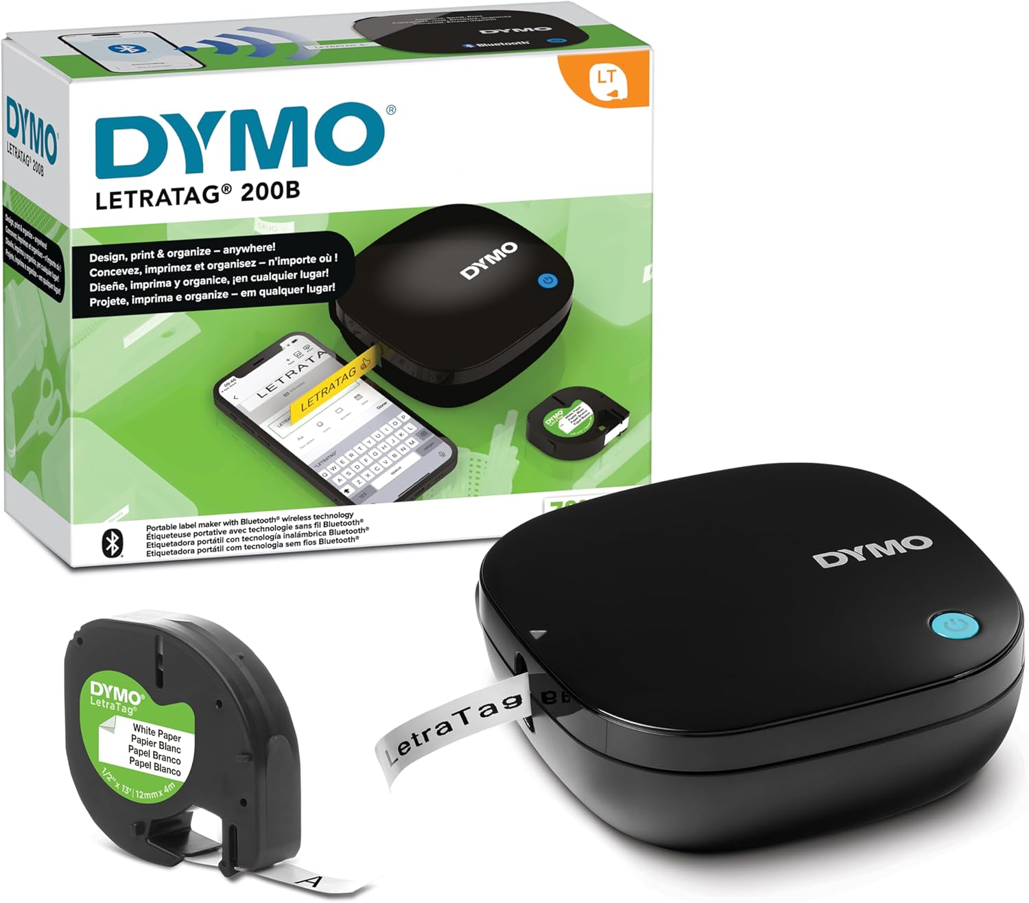 DYMO LetraTag 200B étiqueteuse Bluetooth | Imprimante d'étiquettes compacte | Se connecte à iOS et Android à l'aide de la technologie Bluetooth sans fil | Inclut 1 ruban en papier blanc