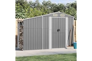 NITCA Casetta da Giardino in Metallo, Casetta Attrezzi da Giardino in Acciaio, Capanno da Giardino con Tetto Inclinato e Portalegna da Ardere, Grigio 277x93x179 cm