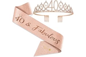 JOUWUI 40 Fabulous Sash and Rhinestone Tiara Set, 40th Rose Gold Birthday Rhinestone Crowns and Sash for Women, 40th Birthday Decorations for Her