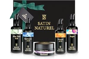 SATINNATUREL Idee Regalo Donna Compleanno - Scatola Regalo con Siero Vitamina C + Acido Ialuronico Viso + Retinolo Viso + Olio Argan + Gel Aloe Vera - Regalo Mamma - Skincare Set Satin Naturel