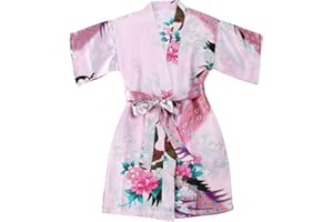 FAYBOX BRIDAL Girls' Satin Kimono Robe - Peacock and Blossoms Bathrobes Dressing Gown for Spa Wedding Birthday