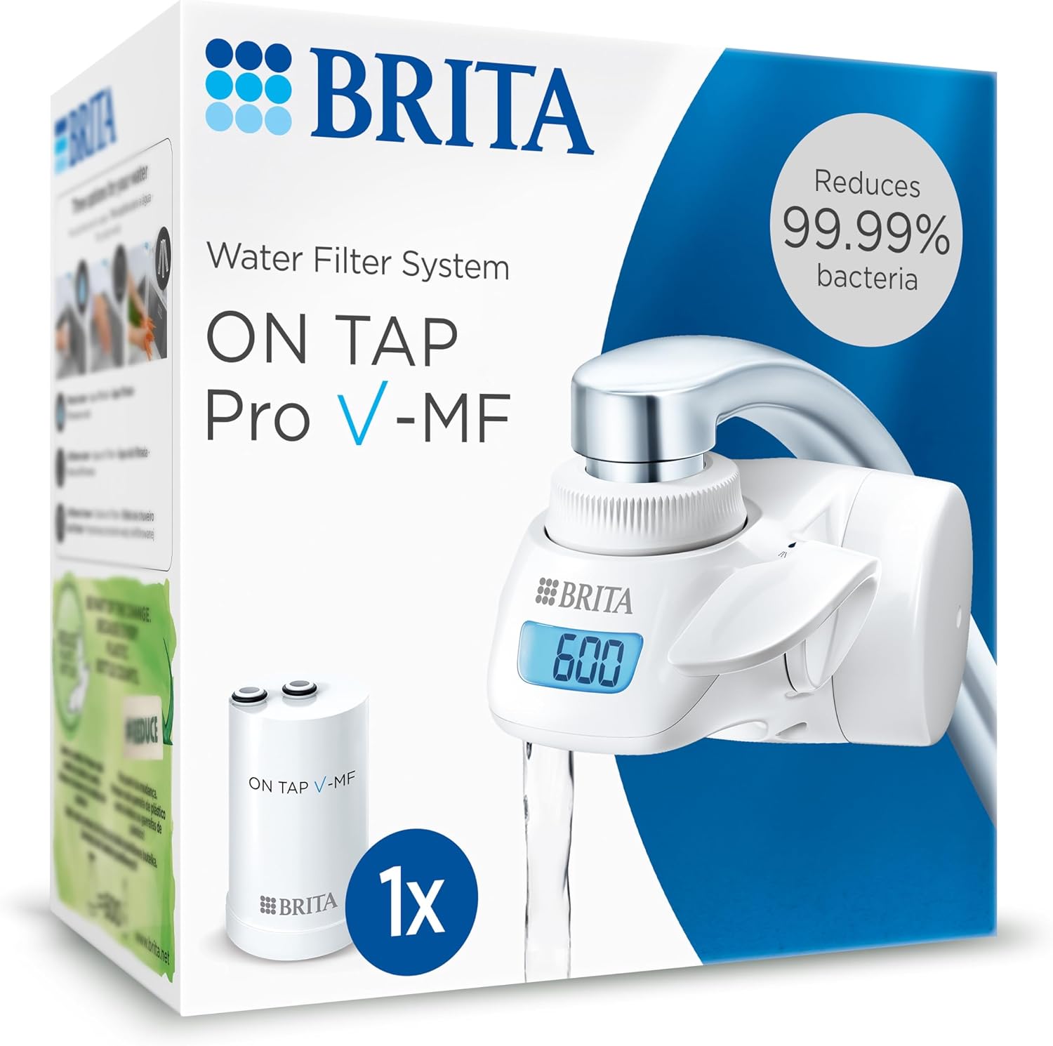 BRITA Sistema de filtrado de agua ON TAP Pro V-MF incl. 1x cartucho filtrante (600L) - para un 99,99% de agua libre de bacterias, reduciendo PFAS, incl. cuenta atrás digital LCD de capacidad