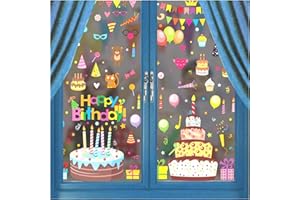 KOCOVIMI Happy Birthday Window Clings - Watercolor Cake Balloon Double-Sided Designs, Reusable Static Stickers for Boys Girls Party Decorations Supplies