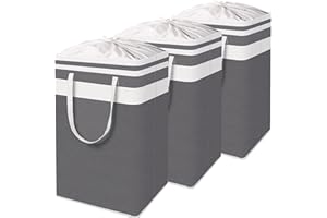 Yawinhe 78L Panier à Linge Panier à Linge en Tissu Toile Corbeille de Rangement Pliable, Cordon Paniers à Linge, Pliable Sac à Linge, Imperméable, Pliable, Antipoussière, 3-Pack Gris/Blanc, ZYL001WG-3