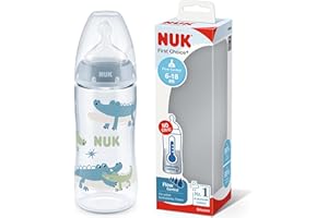NUK First Choice+ Baby Bottle - 6-18 Months - Temperature Control - Flow Control - Anti-Colic Aeration System - 360ml - BPA Free - Silicone Teat - Crocodile (Blue)