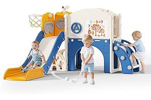 Krovtoy Toboggan pour Enfants épaissi et élargi, Toboggan Extra-Long de 170 cm, Toboggan pour Tout-Petits autoportant avec Panier de Basket, équipement de Jeu pour bébé (Bleu Orange-6 en 1)