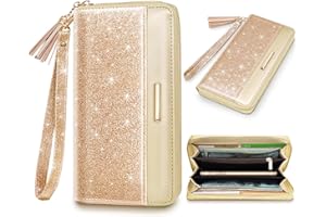Coco Rossi Wallets for Women PU Leather Card Holder Organizer Ladies Clutch with Tassel Wristlet Wrist strap, Champagne Gold Glitter, long purse, Casual