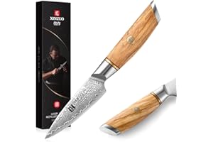XINZUO Nóż do owoców ze stali damasceńskiej, 9,2 cm, nóż do obierania warzyw, 73 warstwy stali damasceńskiej, nóż kuchenny, profesjonalny nóż uniwersalny, z ergonomicznym uchwytem z drewna oliwkowego