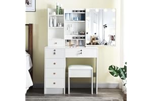 Puselo White Dressing Table Vanity Table with Mirror and Stool Makeup Vanity Table with Lights and Drawers,Cushioned Stool,Vanity Desk for Women Girls Bedroom (Modern P5)
