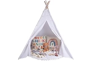 Relsy Kids Ivory White Teepee Tent For Kids | White Tipi Play/Pop Up Tent For Girls & Boys 140 x 120cm Cotton Canvas, With 3 Meters Star Lights & Circular Mat/Rug Accessories