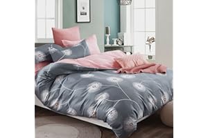 KEAYOO Bed Linen 135 x 200 cm Cotton Grey Pink Floral Pattern Set Reversible Bed Linen with Zip Soft Fabric Quality for Summer and Winter 135 x 200 cm + 80 x 80 cm