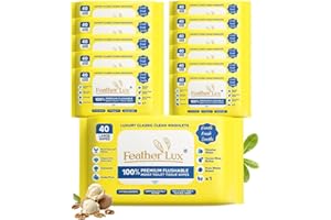 Feather Lux Wet Wipes for Adults - Flushable Toilet Wipes with Micellar Water, 480 Large Toilet Wipe Flushable (12 Packs of 40) Cocoa & Shea Butter, Biodegradable Wipe