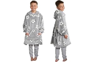 OHS Blanket Hoodie for Kids Glow in the Dark, Sherpa Fleece Oversized Hoodie Blanket for Kids Ultra Soft Comfy Warm Pullover Christmas Blankets - Grey, One Size