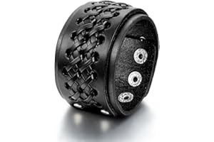 JewelryWe Schmuck Herren Breit Lederarmband, Punk Druckknopf geflochten Leder Armband Wickelarmband Armreif Manschette, verstellbare Größe, Schwarz/Braun
