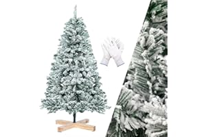 AIMOSEN Árbol de Navidad Artificial con Nieve Soporte de Madera, PVC Abeto de 210 cm con 850 Puntas, Incluye Guantes, Sistema de Plegado Rápido, Decoración para Árbol de Navidad Flocado Blanco