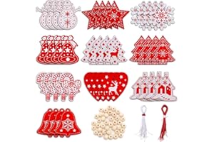 Pilikoll 40 szt. Świąteczne drewniane ozdoby Świąteczne drewniane przywieszki z bawełnianymi nitkami i koralikami Czerwono-białe przywieszki świąteczne Drewniane przywieszki świąteczne