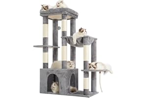 Heybly Arbre à Chat 120cm - Grande Tour pour Chats Adultes avec Base Extra Large, Maison à Chat à Niveaux Multiples avec Meubles en Peluche, Griffoir, Hamac et Jouet à Balle, Gris Clair HCT026W