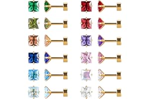 JMFENFA 12 Paare flache Rückseite chirurgischen Edelstahl Ohrstecker, Schraube zurück Herz Stern Quadrat Teardrop Runde vergoldet Silber Cubic Zirkonia CZ Birthstone Ohrstecker Set
