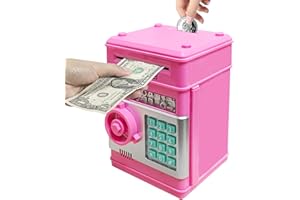 Vommery Hucha para niños de Juguete, Mini Caja Fuerte electrónica para cajero automático Bancos con Bloqueo de contraseña & Desplazamiento automático de Dinero para niños niñas (Rosa Oscuro)