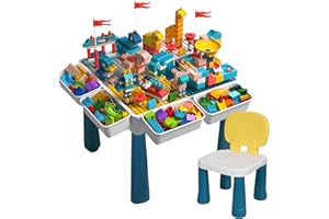 Sinbide Table de Construction Multifonctionnel pour Enfant avec Chaise pour Bébé, Hauteur Réglable, Plateau Double Face, Table de Jeu et d'Études (avec 548 Blocs de Construction)