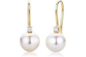 Miore Kolczyki z perłą i diamentami, 18-karatowe białe złoto 750/1000 z szarym/białą perłą słodkowodną 9 mm z diamentami o szlifie brylantowym 0,06 ct, Złoto, perła