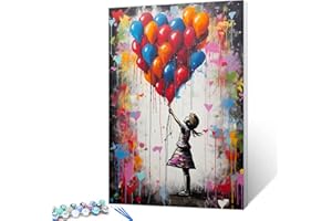 Tucocoo Kits de pintura de globos coloridos por números con pinceles y pigmento acrílico sobre lienzo para adultos, imagen callejera de niña pequeña de Banksy para decoración de pared del hogar,