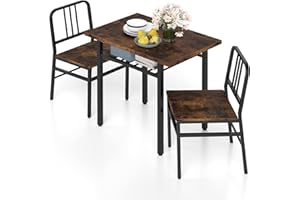 GiantexUK 3 Piece Dining Table Set, Metal Frame Kitchen Table and Chairs with Storage Rack & Adjustable Foot Pads, Space-Saving Breakfast Furniture Set for Dining Room Apartment (Rustic Brown + Black)