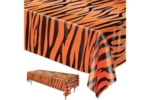 POPOYU 54x108 Inch Plastic Tiger Print Tablecloth,Animal Safari Table Cover,Animal Print Table Cover,Rectanglar waterproof Tablecloth for kids Birthday,Baby Shower,Zoo Jungle Safari Themed Party Decorations