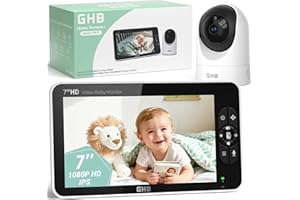 GHB Babyphone Cémera 7" 1080P Caméra Bebe Surveillance 350° Rotation Écran IPS HD Mode VOX 168H Autonomie de la Batterie Audio Bidirectionnel Alerte de Température 8 Berceuses
