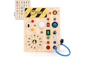 Konijiwa Montessori Busy Board dla dzieci w wieku 1 roku, drewniana zabawka z 8 włącznikami LED, zabawka sensoryczna do nauki, odpowiednia dla dzieci w wieku 1, 2, 3, 4 lat (‎LED Clock Busy Board)
